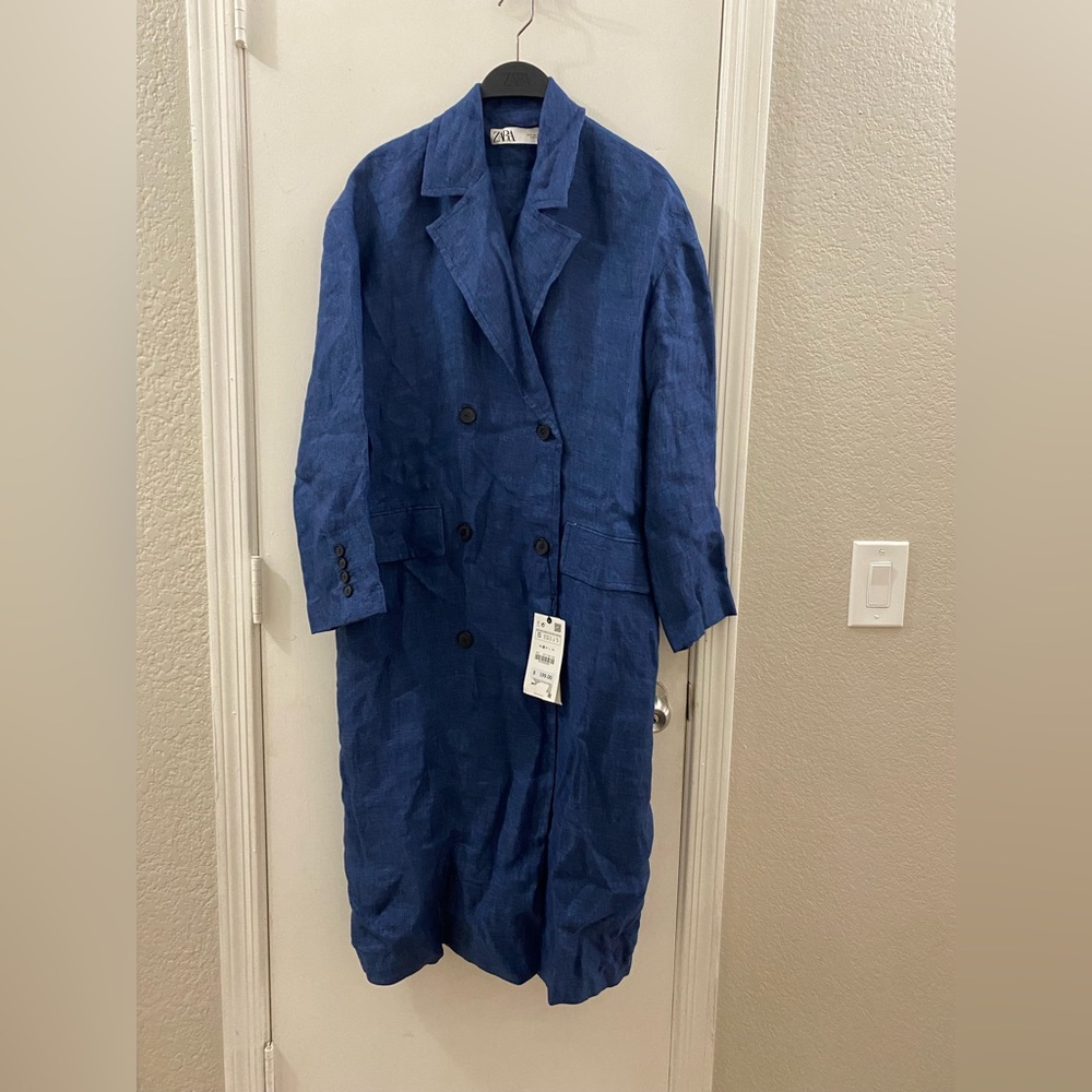 Zara Blue Linen Denim Coat
